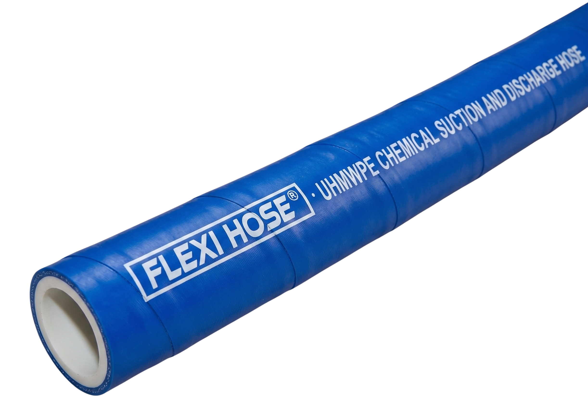 Flexihose UHMWPE chemical suction and discharge hose — blue EPDM cover with UHMWPE translucent lining, manufactured in Bhiwadi Rajasthan India