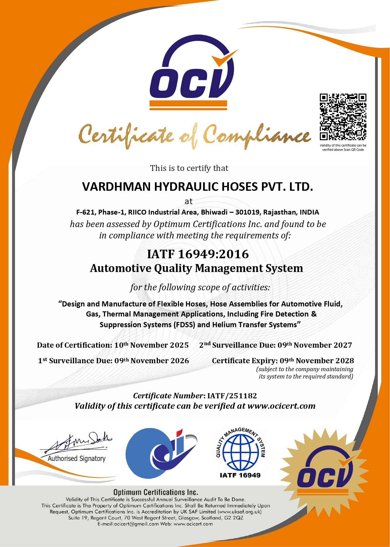 IATF 16949:2016 Certificate — Vardhman Hydraulic Hoses Pvt. Ltd. (Flexihose India)